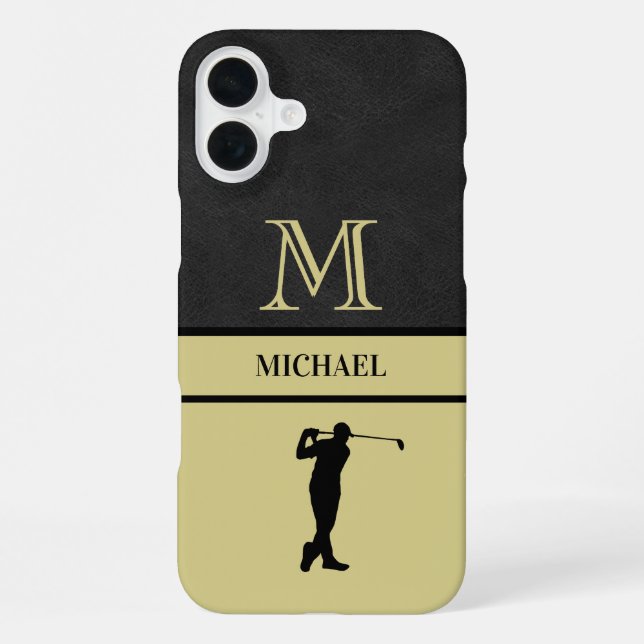 Golf-Typ Schwarzes Leder-Textur-Monogramm-Name  iPhone Hülle (Rückseite)