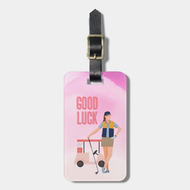GOLF Viel Glück Gruß Lady Woman Golfer auf Rosa Gepäckanhänger (Vorderseite vertikal)