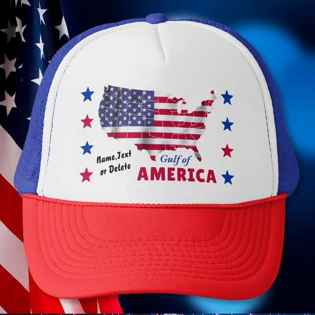 Golf von Amerika. American Flag Ball Caps, Truckerkappe (Gulf of America, Personalized Trucker Cap. Patriotic Truck Hats. Gulf of America, USA Shaped Flag.)