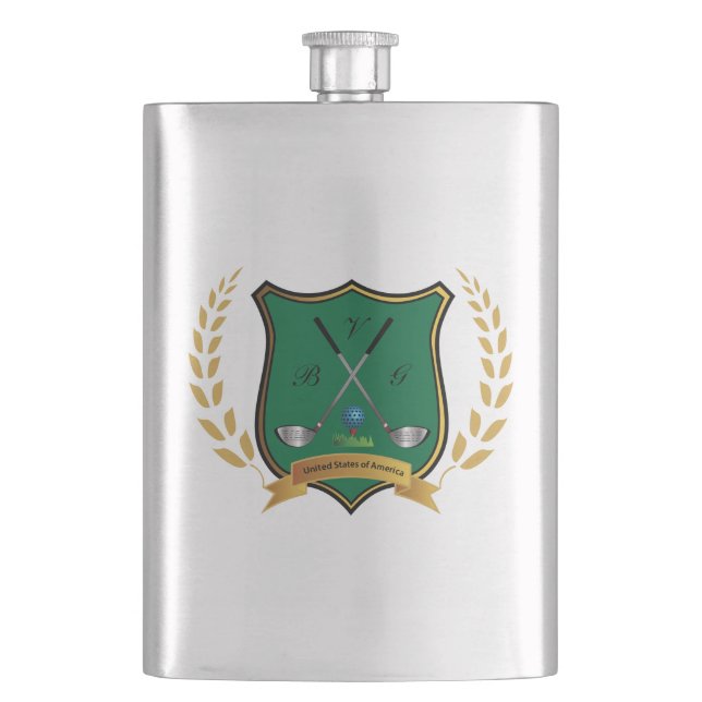 GOLF-Wappen mit Laurel Wreath und Clubs Flask Flachmann (Vorderseite)