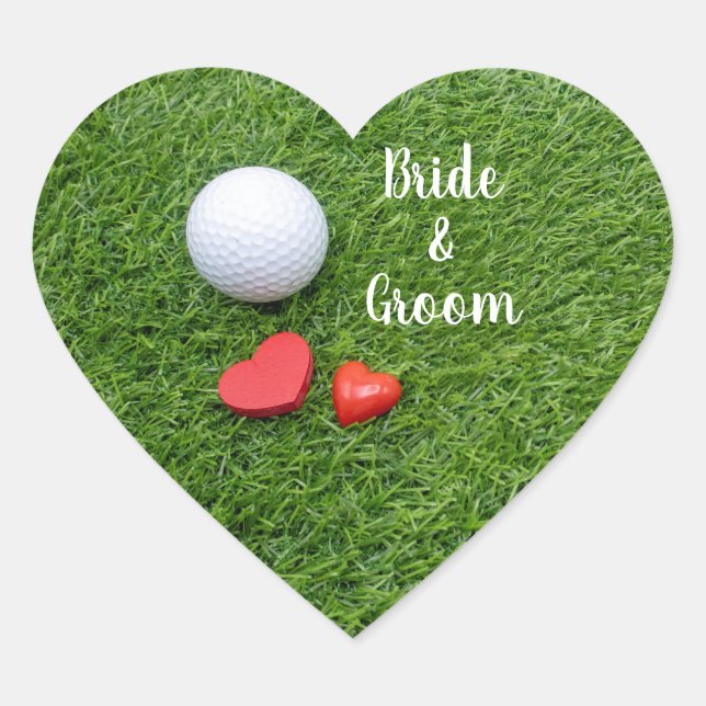 Golf Wedding mit Golfball und Liebe auf Grün Herz-Aufkleber (Vorderseite)
