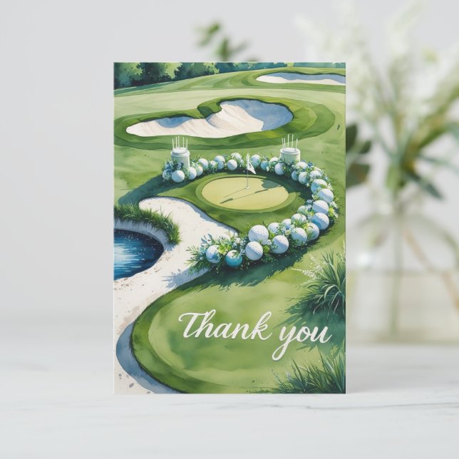Golf Wedding mit Text auf Golfplatz Dankeskarte (Stehend Vorderseite)
