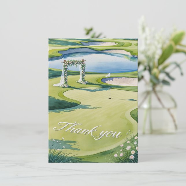 Golf Wedding mit Text auf Golfplatz Dankeskarte (Stehend Vorderseite)