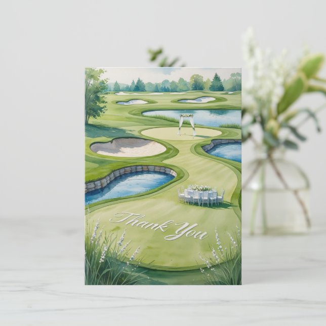 Golf Wedding mit Text auf Golfplatz Dankeskarte (Stehend Vorderseite)