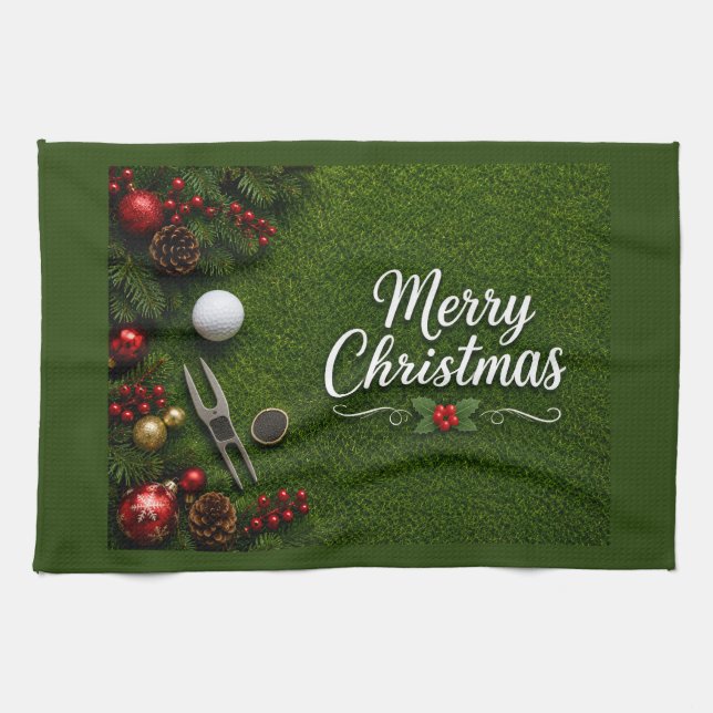 Golf-Weihnachten auf grünem Gras Geschirrtuch (Horizontal)