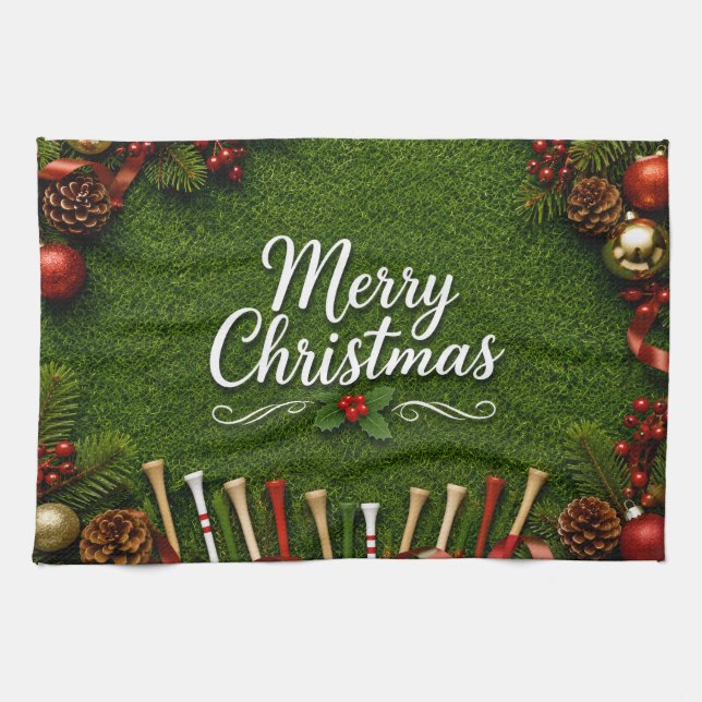 Golf-Weihnachten auf grünem Rasen Geschirrtuch (Horizontal)