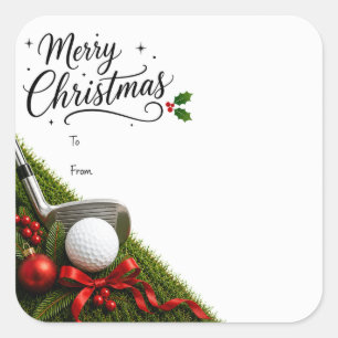 Golf-Weihnachten mit Golfball-Santa-Hut auf grünem Quadratischer Aufkleber