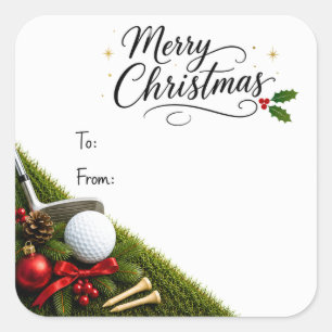Golf-Weihnachten mit Golfball-Santa-Hut auf grünem Quadratischer Aufkleber