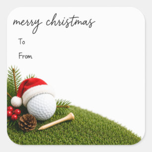 Golf-Weihnachten mit Golfball-Santa-Hut auf grünem Quadratischer Aufkleber
