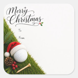Golf-Weihnachten mit Golfball-Santa-Hut auf grünem Quadratischer Aufkleber