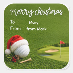 Golf-Weihnachten mit Golfball-Santahut auf Grün Quadratischer Aufkleber