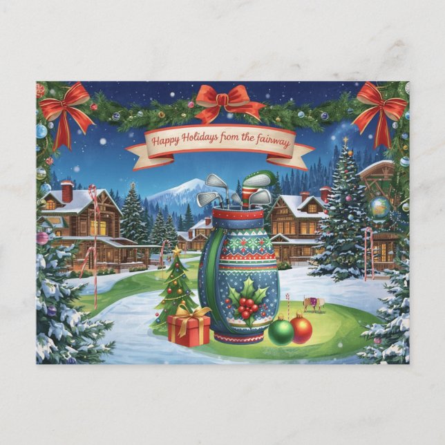 Golf Weihnachten mit Golftasche auf Grün Postkarte (Vorderseite)