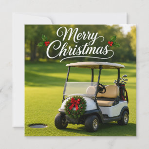 Golf Weihnachten mit Golfwagen auf grünem Gras Karte