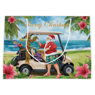 Golf-Weihnachten mit Santa in seinem Golfwagen tro Große Geschenktüte