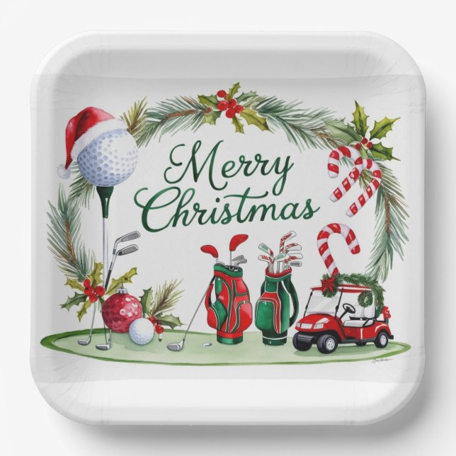 Golf Weihnachtsbällchen und Weihnachtsmannmütze Pappteller (Vorderseite)