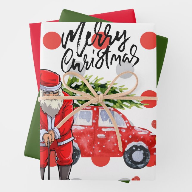 Golf Weihnachtsbaum auf rotem Auto mit dem Weihnac Geschenkpapier Set (Beispiel)