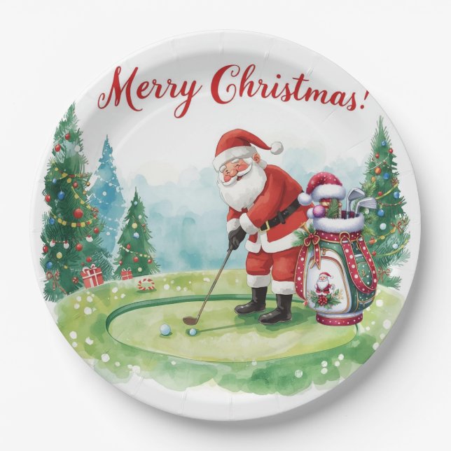Golf Weihnachtsgolfen Santa Golfer auf Golfflagge Pappteller (Vorderseite)