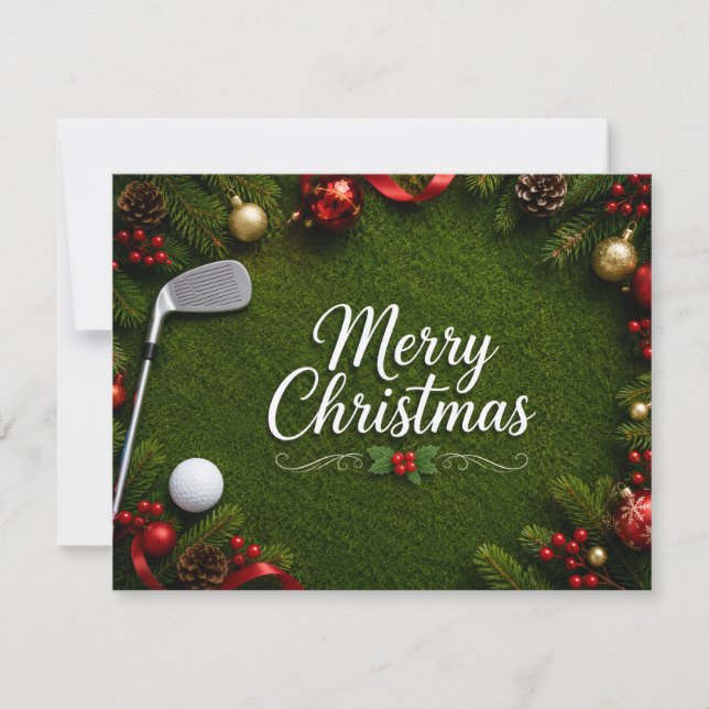 Golf-Weihnachtskarte mit Weihnachtsmann und Golfba (Vorderseite)
