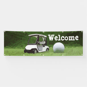 Golf Welcome Banner mit Golfwagen auf grünem Gras