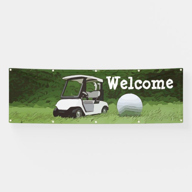 Golf Welcome Banner mit Golfwagen auf grünem Gras (Horizontal)