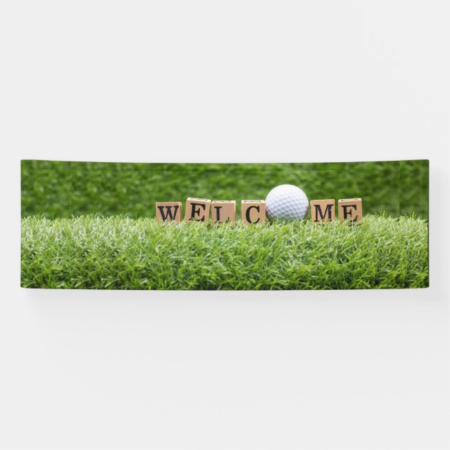 Golf WELCOME mit Golfball und Wort auf Grün Banner (Horizontal)