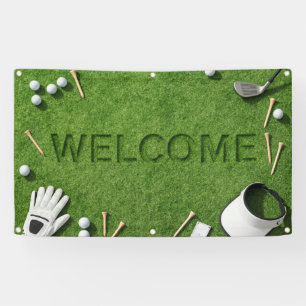 Golf-Willkommensschild mit Golf und Tee auf grünem Banner