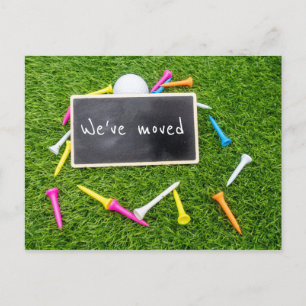 Golf wir sind in ein neues Haus mit bunten T-Shirt Postkarte