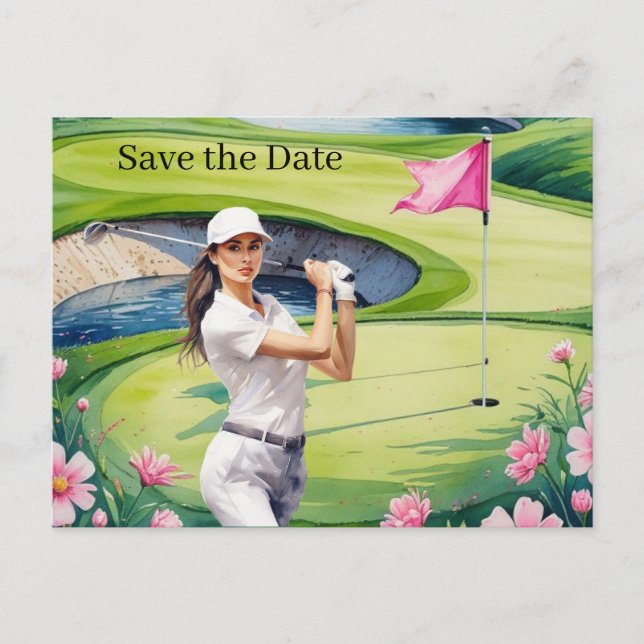 Golf Women's Golf Day Feminine mit rosa Blume Einladungspostkarte (Vorderseite)