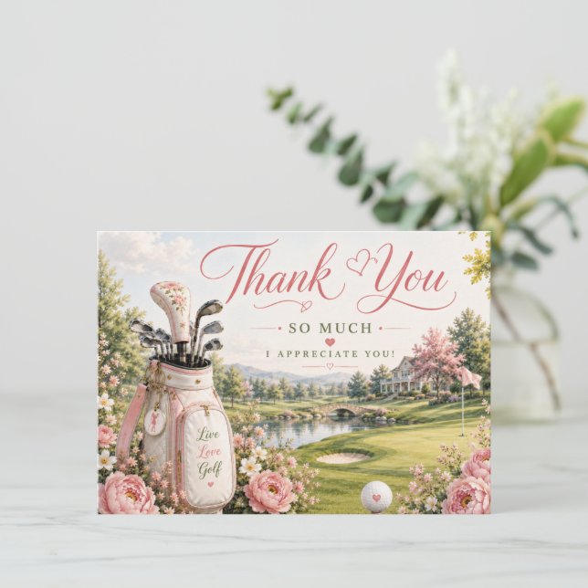 Golfbag auf Golfplatz mit Blumen  Dankeskarte (Stehend Vorderseite)