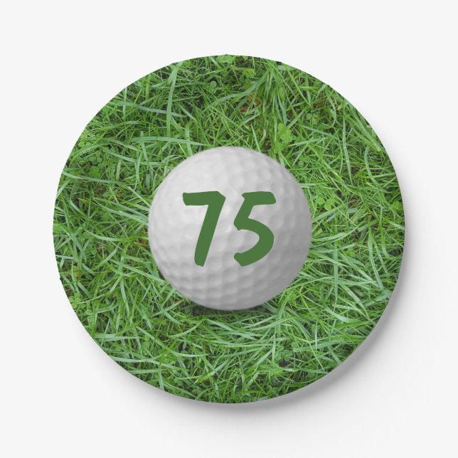 Golfball auf Gras, 75. Geburtstag Pappteller (Vorderseite)
