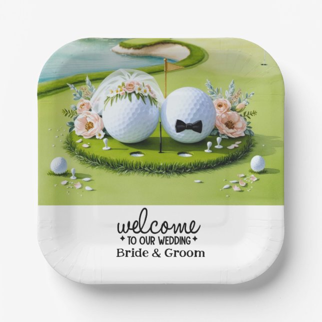 Golfball Bride & Groom Willkommen bei unserer Hoch Pappteller (Vorderseite)