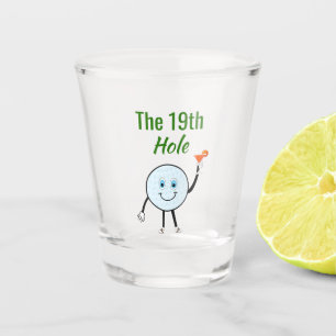 Golfball-Cartoonfigur mit Orange-Martini-Cocktail Schnapsglas