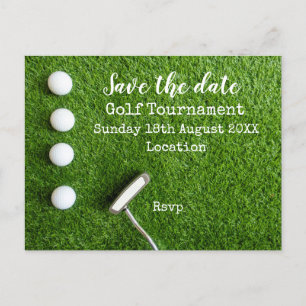 Golfball mit Golfclub Save the Date auf Grün Ankündigungspostkarte