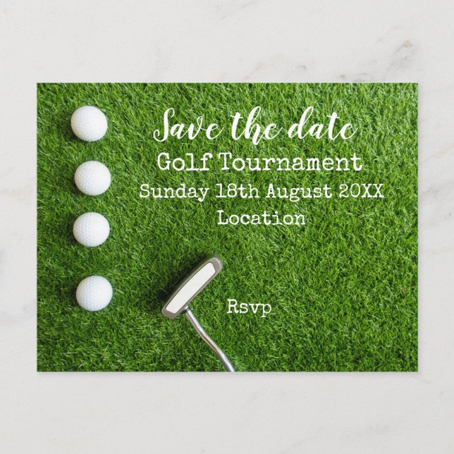Golfball mit Golfclub Save the Date auf Grün Ankündigungspostkarte (Vorderseite)