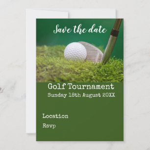 Golfball mit Golfclub Save the Date auf Grün Einladung