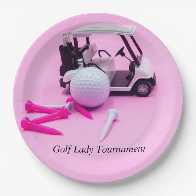 Golfball mit Golfwagen und rosa Tee auf Rosa Pappteller (Vorderseite)