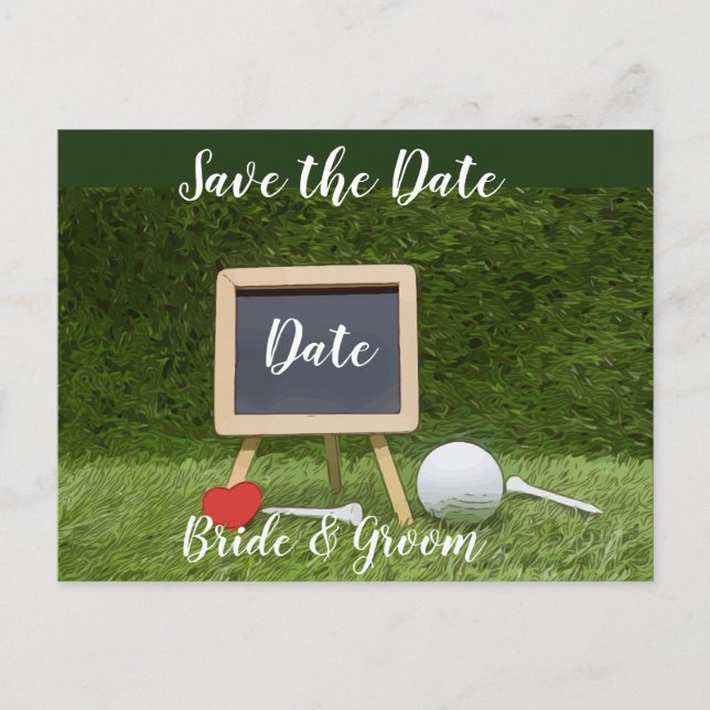Golfball mit Kalkboard Save the Date Postkarte (Vorderseite)