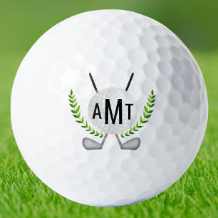Golfball mit Schlägern und Reben Monogramm