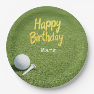 Golfball mit Tee auf grünem Gras Golfer Geburtstag Pappteller