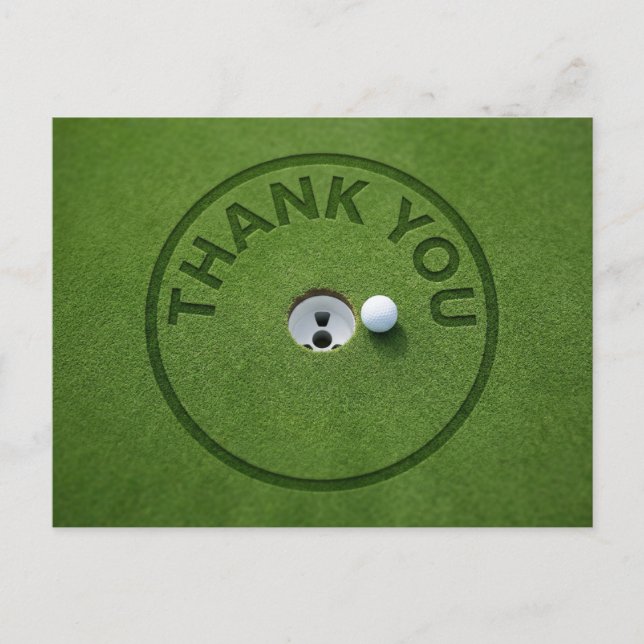 Golfball mit Text Danke auf grünem Gras Postkarte (Vorderseite)