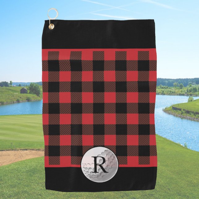 Golfball-monogramm rotes Buffalo-Karo-muster indiv Golfhandtuch (Von Creator hochgeladen)