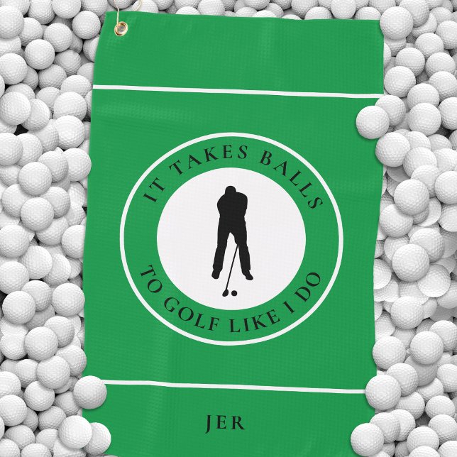 Golfball Spaß Golfer Sportpuffer Monogram Green Golfhandtuch (Golf Balls Humor Golfer Sports Pun Monogram Green Golf Towel Displayed on Golf Balls)