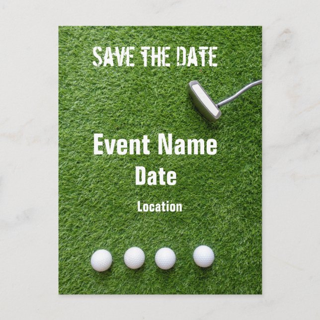 Golfball und Putter auf grün Save the Date Postkarte (Vorderseite)