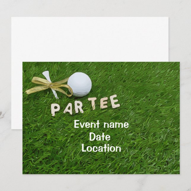 Golfball und Tee mit goldfarbenem Band Par T-Shirt Einladung (Vorne/Hinten)