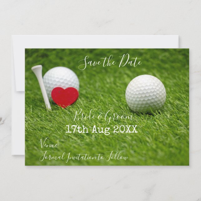 Golfball und Tee Save the Date mit Liebe auf Grün Einladung (Vorderseite)