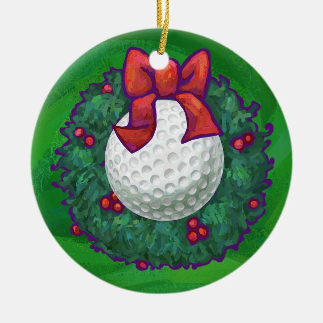 Golfball-WeihnachtsKranz auf Grün Keramik Ornament (Vorne)