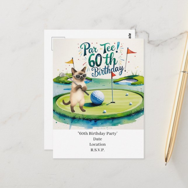 Golfer 60. Geburtstag mit Golfball auf Abschlag Postkarte (Vorderseite/Rückseite Beispiel)