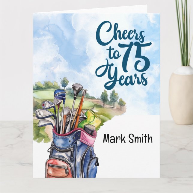 Golfer 75. Geburtstag mit Golftasche auf Golfplatz Karte (Vorderseite)