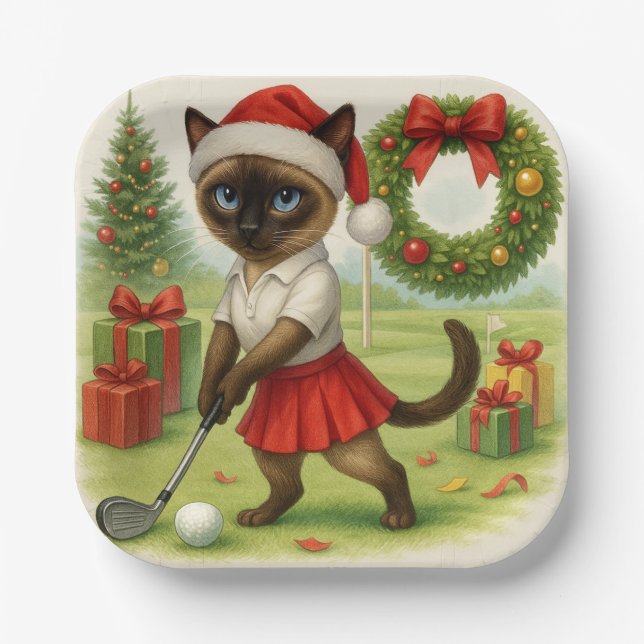 Golfer Cat Weibliche Weihnachten Thema für Tierlie Pappteller (Vorderseite)