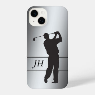Golfer der schwarzen Silhouette auf Silver Monogra iPhone 14 Hülle